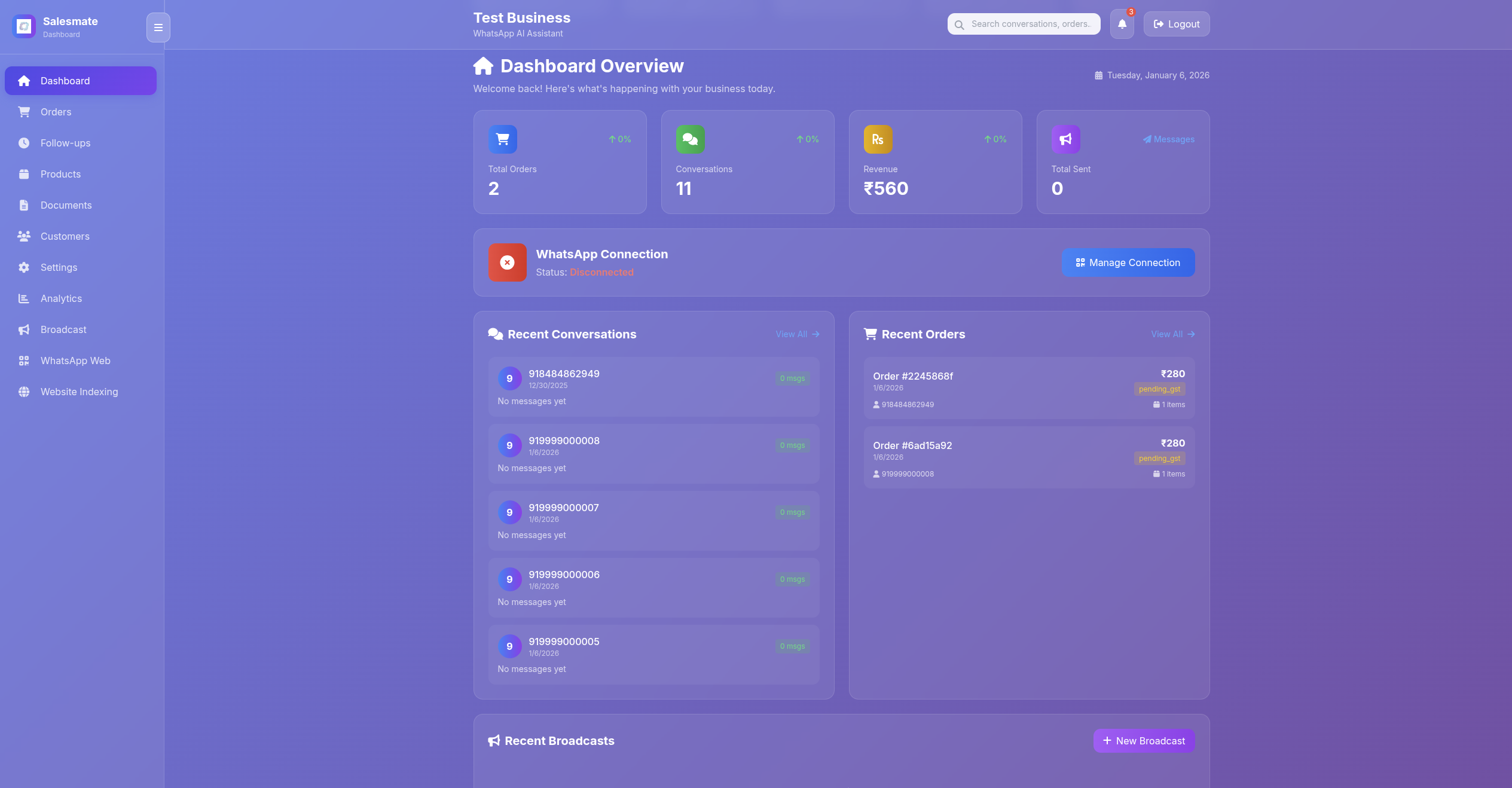 Operations view for managing WhatsApp sales conversations and orders